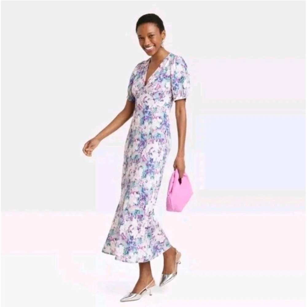 NEW A New Day White Purple Watercolor Babydoll Puff Sleeve Maxi Dress Size XS